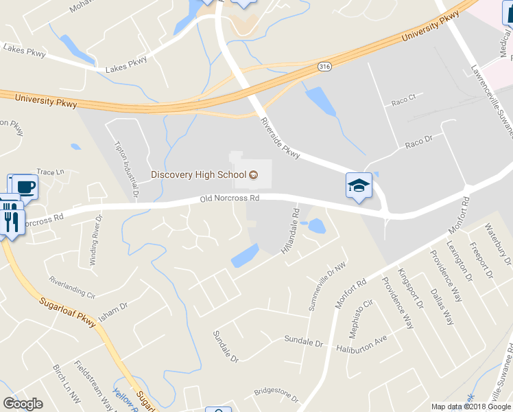 map of restaurants, bars, coffee shops, grocery stores, and more near 1300 Old Norcross Road in Lawrenceville