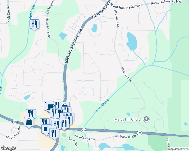 map of restaurants, bars, coffee shops, grocery stores, and more near 43 Stone Mill Ln NW in Marietta