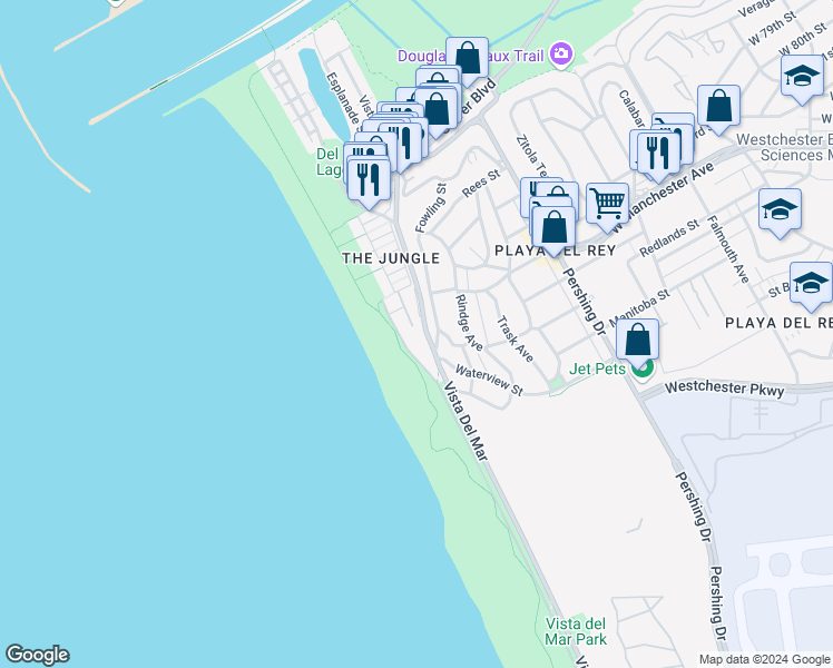 map of restaurants, bars, coffee shops, grocery stores, and more near 7331 Vista Del Mar Lane in Los Angeles