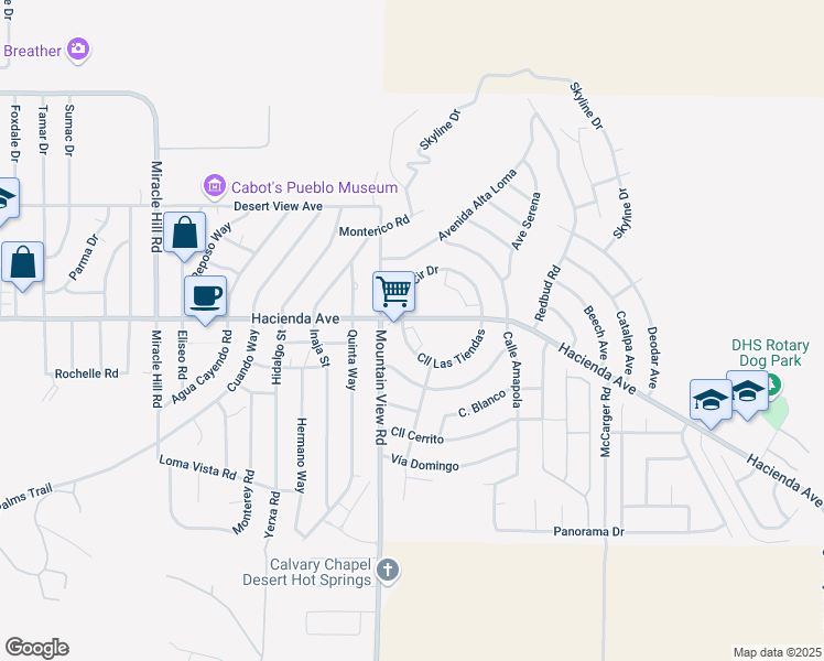 map of restaurants, bars, coffee shops, grocery stores, and more near 68090 Calle Las Tiendas in Desert Hot Springs