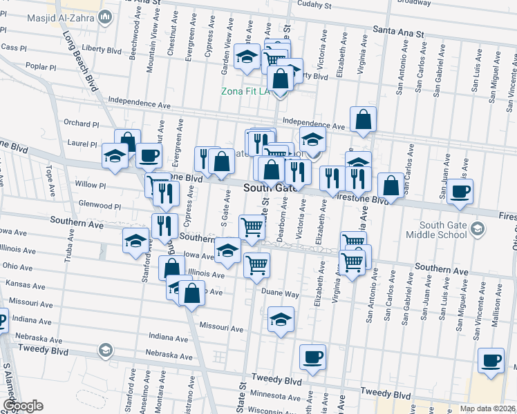 map of restaurants, bars, coffee shops, grocery stores, and more near 8928 Madison Avenue in South Gate