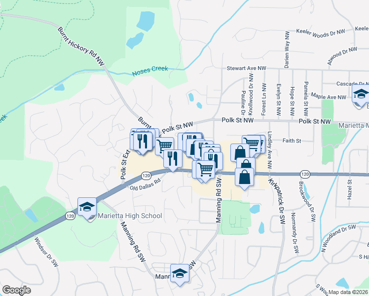 map of restaurants, bars, coffee shops, grocery stores, and more near 803 Mountain View Terrace Northwest in Marietta