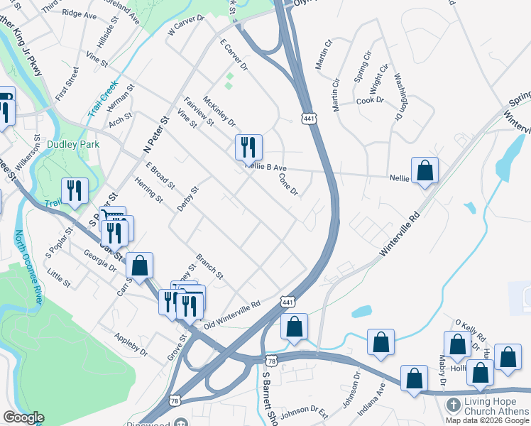 map of restaurants, bars, coffee shops, grocery stores, and more near 656 Vine Street in Athens