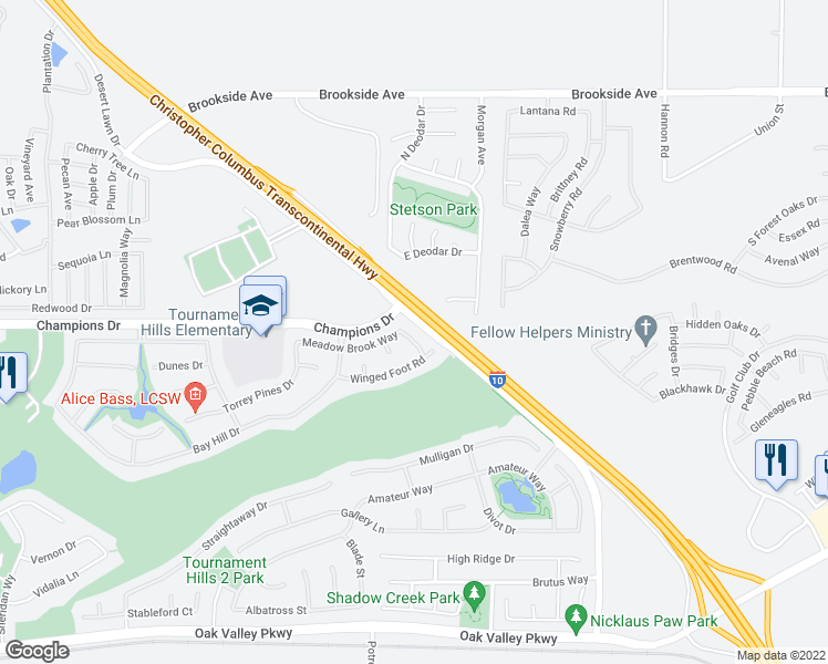 map of restaurants, bars, coffee shops, grocery stores, and more near 11542 Bunker Place in Beaumont