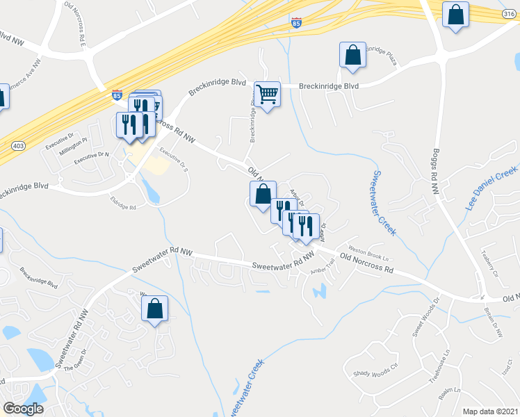 map of restaurants, bars, coffee shops, grocery stores, and more near 1552 Viero Drive in Lawrenceville