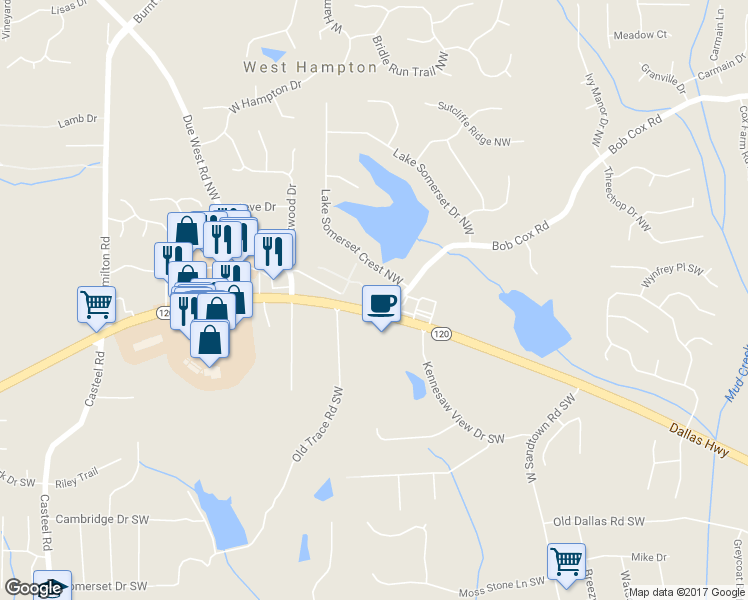 map of restaurants, bars, coffee shops, grocery stores, and more near 3319 Timbers Edge Drive in Marietta