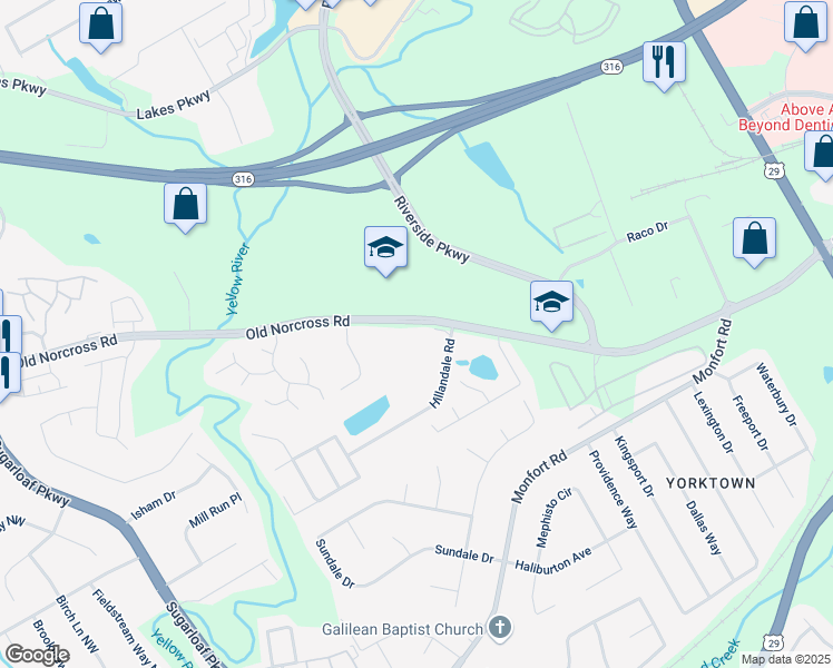 map of restaurants, bars, coffee shops, grocery stores, and more near 1298 Old Norcross Road in Lawrenceville