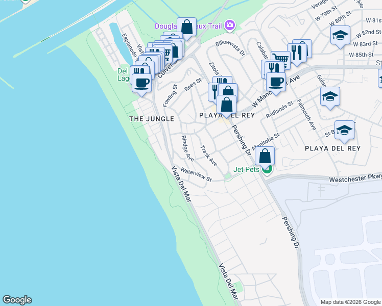 map of restaurants, bars, coffee shops, grocery stores, and more near 7350 Rindge Avenue in Los Angeles