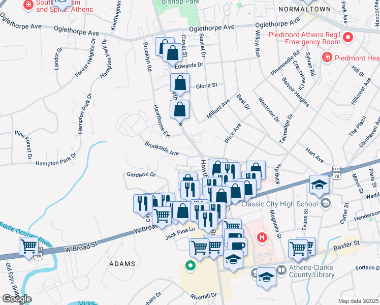 map of restaurants, bars, coffee shops, grocery stores, and more near 100 Brookside Avenue in Athens