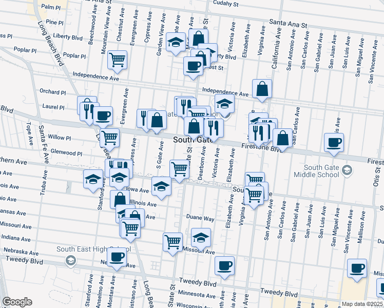 map of restaurants, bars, coffee shops, grocery stores, and more near 8928 State Street in South Gate