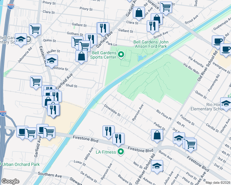 map of restaurants, bars, coffee shops, grocery stores, and more near 10930 Rio Hondo Drive in Downey