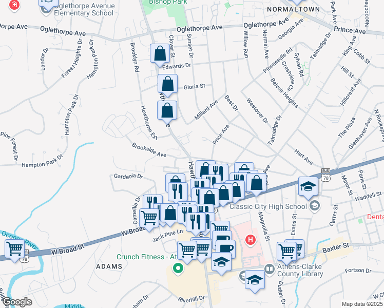map of restaurants, bars, coffee shops, grocery stores, and more near 320 Hawthorne Avenue in Athens
