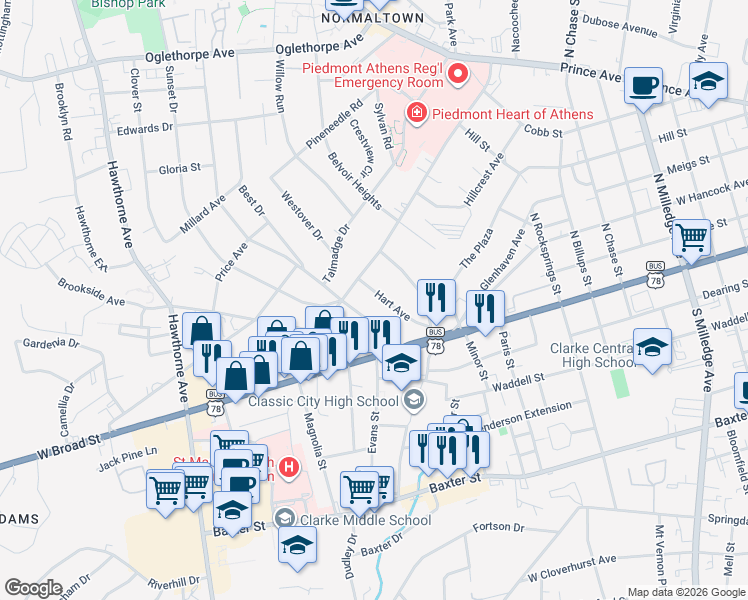 map of restaurants, bars, coffee shops, grocery stores, and more near 160 Hart Avenue in Athens