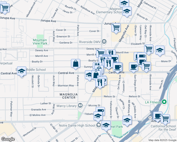 map of restaurants, bars, coffee shops, grocery stores, and more near in Riverside