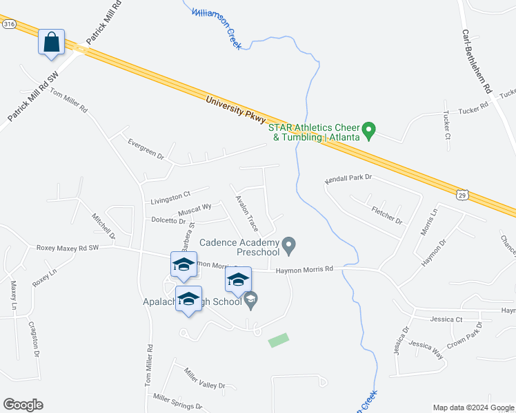 map of restaurants, bars, coffee shops, grocery stores, and more near 1422 Silvergate Way in Winder