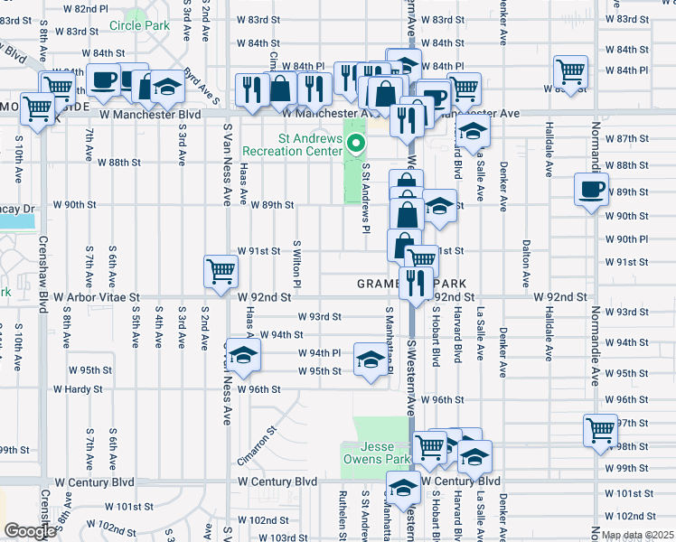 map of restaurants, bars, coffee shops, grocery stores, and more near 1939 West 91st Place in Los Angeles