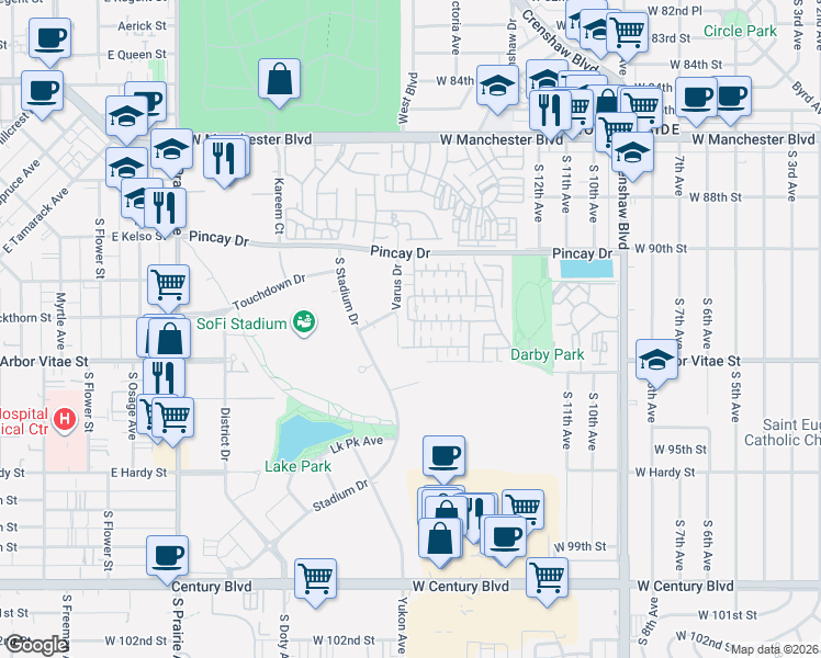 map of restaurants, bars, coffee shops, grocery stores, and more near 9127 Cullen Way in Inglewood
