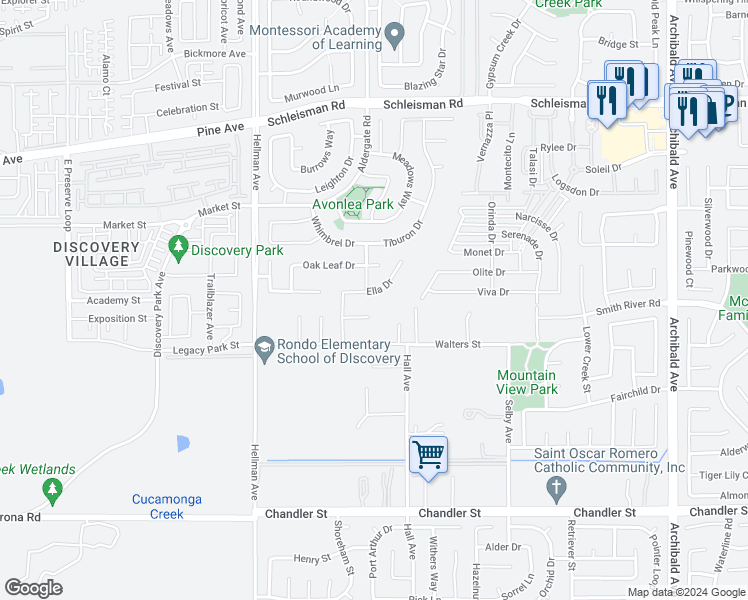 map of restaurants, bars, coffee shops, grocery stores, and more near 14763 Ella Drive in Corona