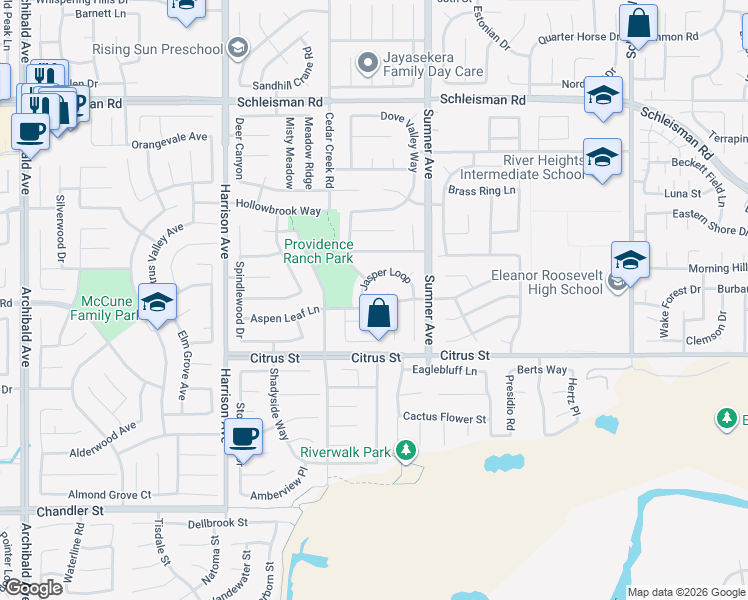 map of restaurants, bars, coffee shops, grocery stores, and more near 13512 Aspen Leaf Lane in Corona