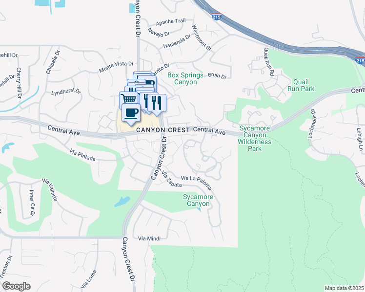 map of restaurants, bars, coffee shops, grocery stores, and more near 5480 Vía Del Tecolote in Riverside