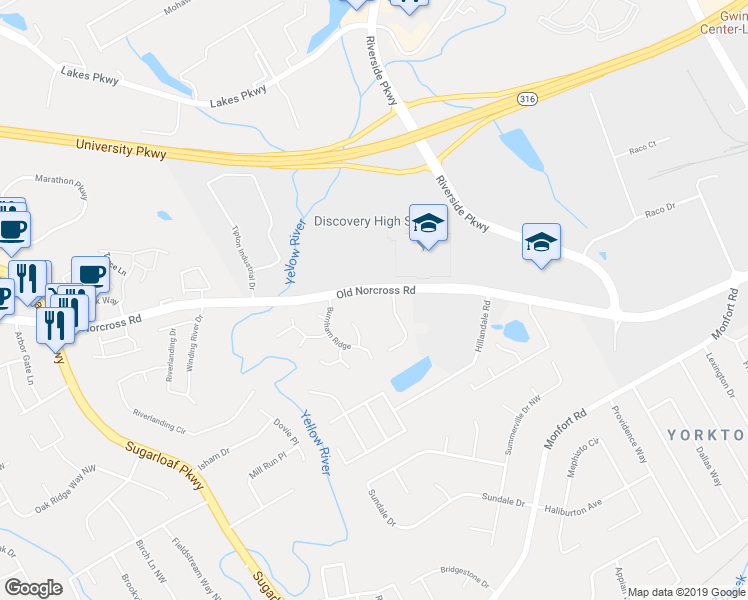 map of restaurants, bars, coffee shops, grocery stores, and more near 1352 Old Norcross Road in Lawrenceville