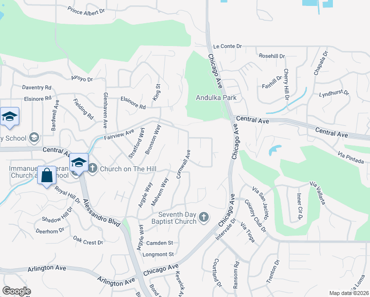 map of restaurants, bars, coffee shops, grocery stores, and more near 5363 Cornwall Avenue in Riverside
