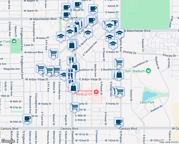 map of restaurants, bars, coffee shops, grocery stores, and more near 804 Larch Street in Inglewood