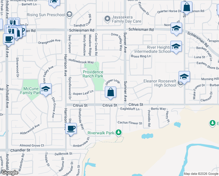 map of restaurants, bars, coffee shops, grocery stores, and more near 13512 Aspen Leaf Lane in Corona