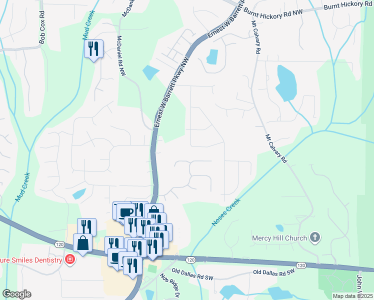 map of restaurants, bars, coffee shops, grocery stores, and more near 93 Stone Mill Lane Northwest in Marietta