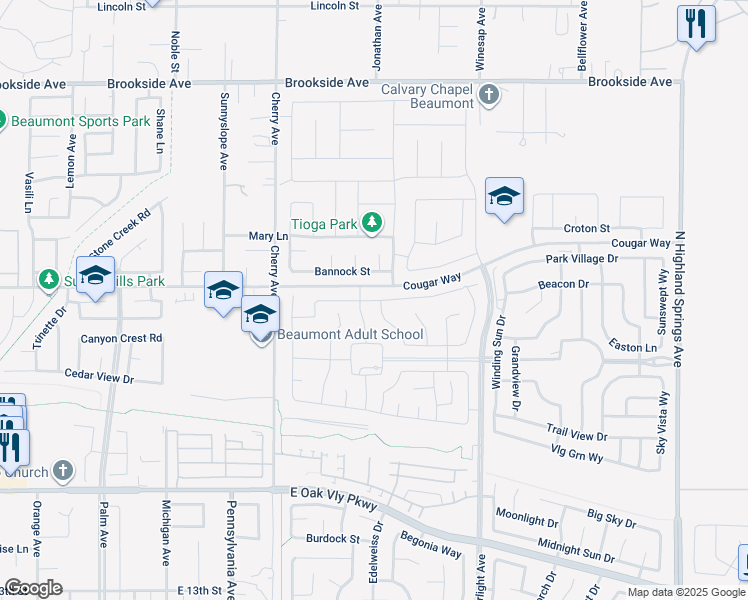map of restaurants, bars, coffee shops, grocery stores, and more near 1358 Galaxy Drive in Beaumont