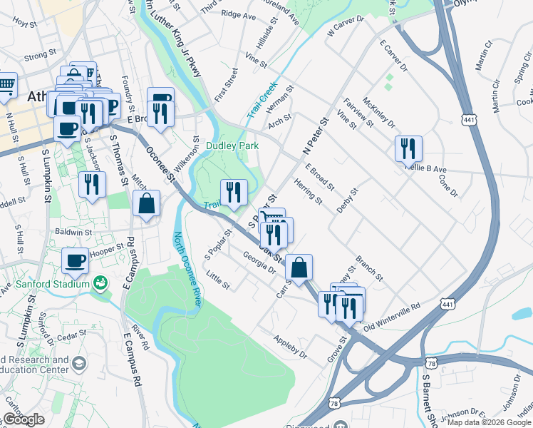 map of restaurants, bars, coffee shops, grocery stores, and more near 267 South Poplar Street in Athens