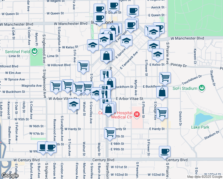 map of restaurants, bars, coffee shops, grocery stores, and more near in Inglewood