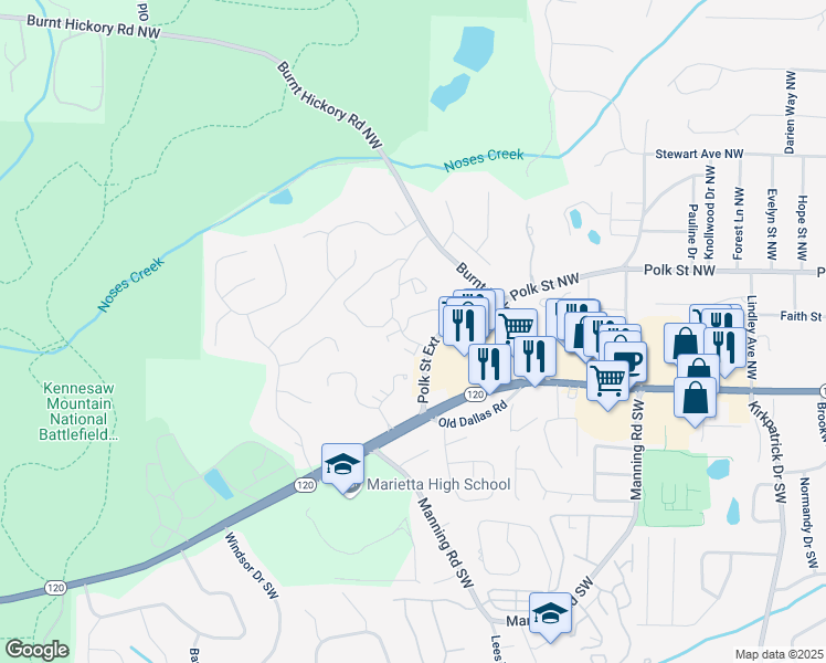 map of restaurants, bars, coffee shops, grocery stores, and more near 961 Burnt Hickory Circle Northwest in Marietta