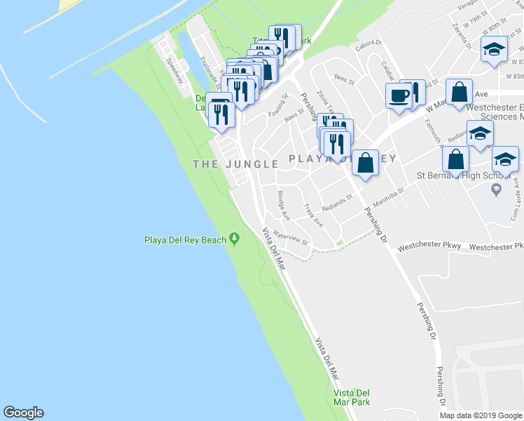 map of restaurants, bars, coffee shops, grocery stores, and more near 7335 Vista Del Mar Lane in Los Angeles