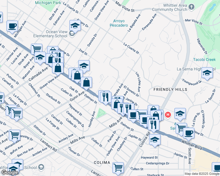 map of restaurants, bars, coffee shops, grocery stores, and more near 8795 Via Linda Avenue in Whittier
