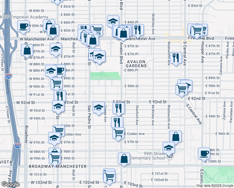 map of restaurants, bars, coffee shops, grocery stores, and more near 446 East 91st Street in Los Angeles