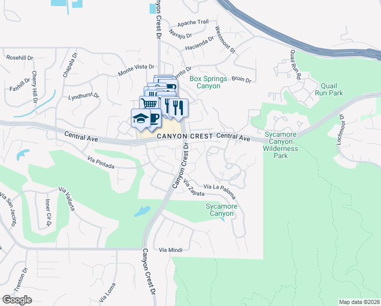 map of restaurants, bars, coffee shops, grocery stores, and more near 891 Vía Mesa Verde in Riverside