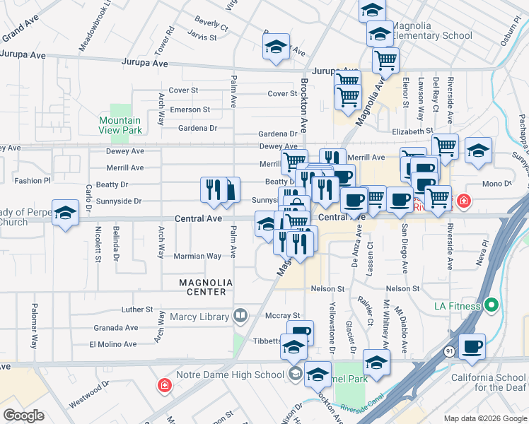 map of restaurants, bars, coffee shops, grocery stores, and more near 4310 Sunnyside Drive in Riverside