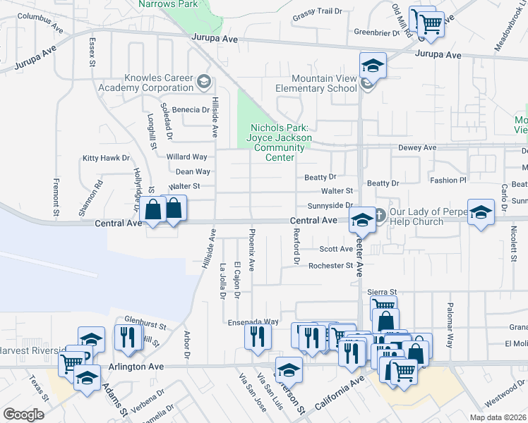 map of restaurants, bars, coffee shops, grocery stores, and more near 5572 Norman Way in Riverside