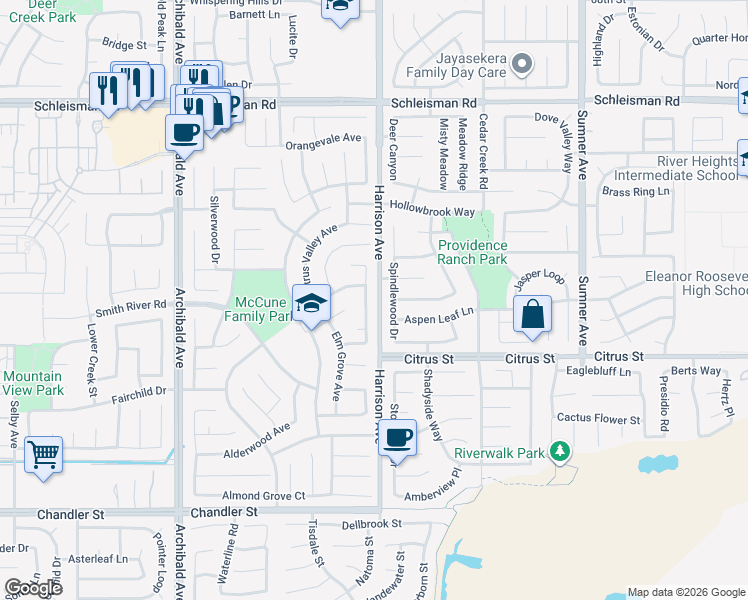 map of restaurants, bars, coffee shops, grocery stores, and more near 7388 Sungold Avenue in Eastvale