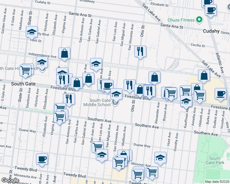 map of restaurants, bars, coffee shops, grocery stores, and more near 8684 San Miguel Avenue in South Gate