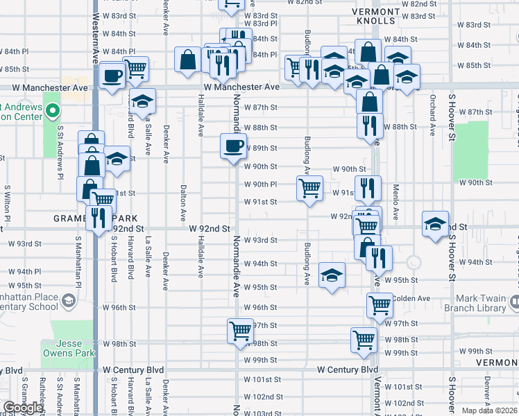map of restaurants, bars, coffee shops, grocery stores, and more near 1324 West 91st Street in Los Angeles