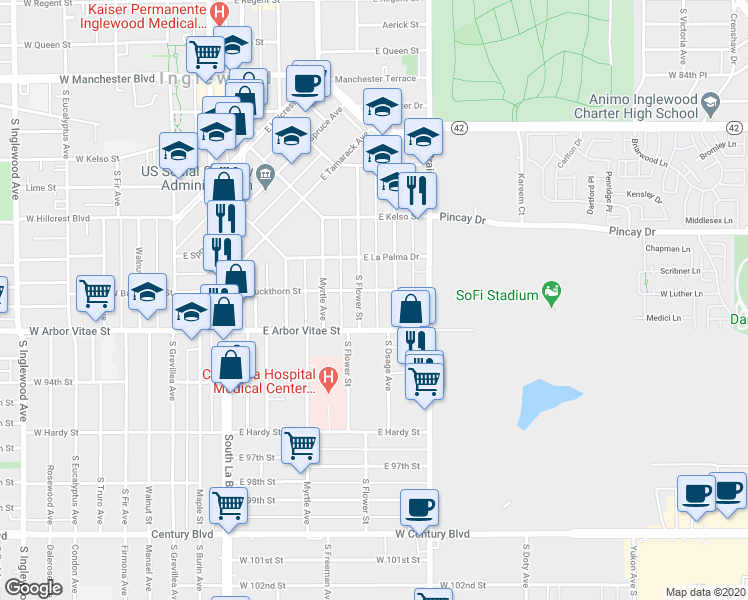 map of restaurants, bars, coffee shops, grocery stores, and more near 801 South Flower Street in Inglewood