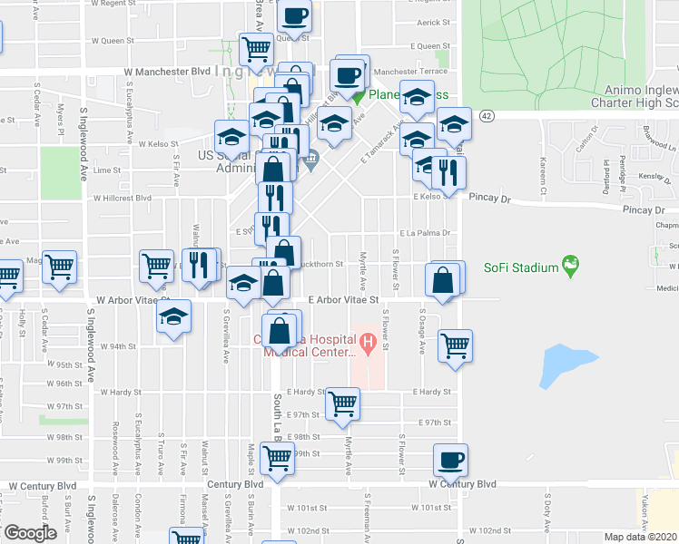 map of restaurants, bars, coffee shops, grocery stores, and more near 300 East Buckthorn Street in Inglewood