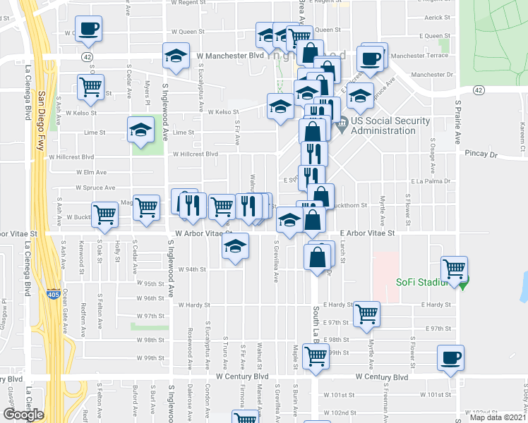 map of restaurants, bars, coffee shops, grocery stores, and more near 800 Walnut Street in Inglewood