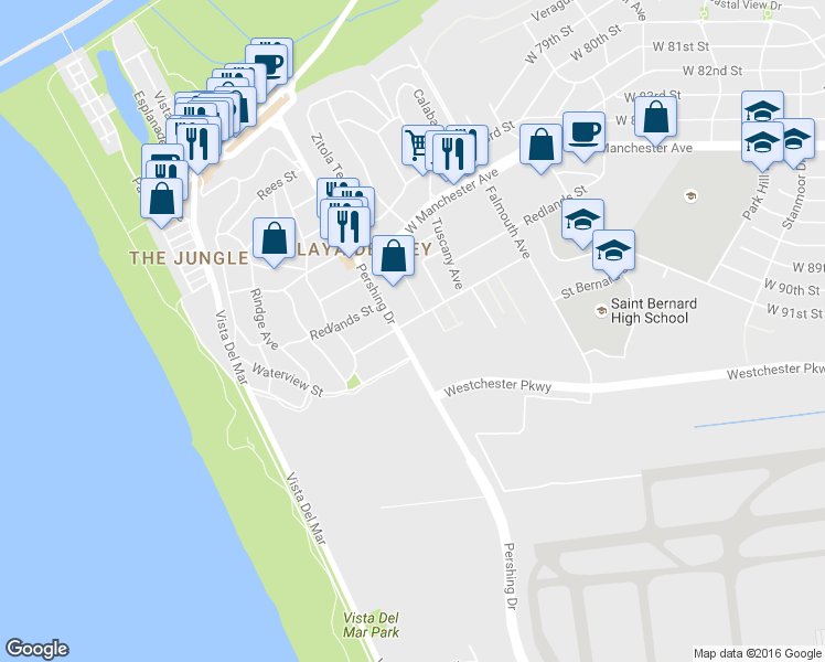 map of restaurants, bars, coffee shops, grocery stores, and more near 8354 Manitoba Street in Los Angeles