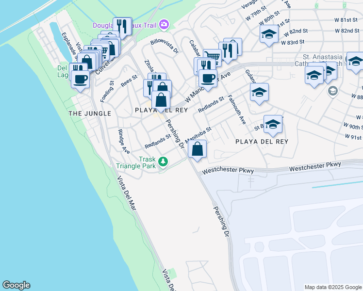 map of restaurants, bars, coffee shops, grocery stores, and more near 8354 Manitoba Street in Los Angeles