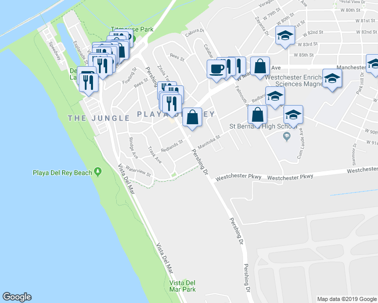 map of restaurants, bars, coffee shops, grocery stores, and more near 439 Manitoba Street in Los Angeles