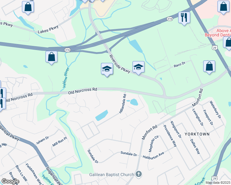 map of restaurants, bars, coffee shops, grocery stores, and more near 1298 Old Norcross Road in Lawrenceville