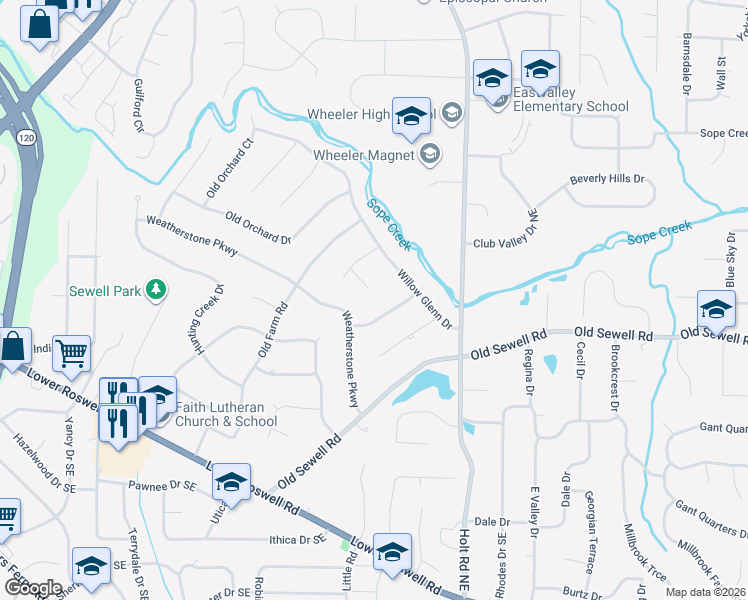map of restaurants, bars, coffee shops, grocery stores, and more near 186 Spring Field Lane in Marietta